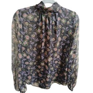 MISA‎ LOS ANGELES Black Floral Print Sheer Bow Neck Blouse Women's Size M